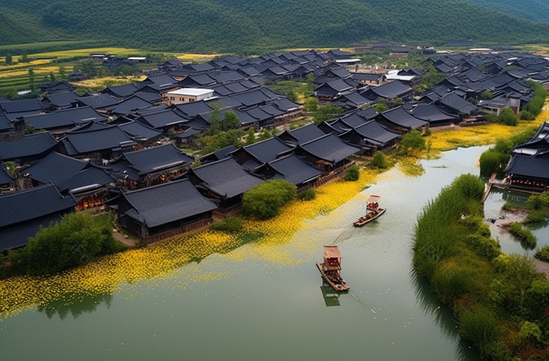 江南水乡古镇建筑绿水环绕植物环绕美景实拍,高清,摄影图,摄影图片,图片大全,摄影图免费下载